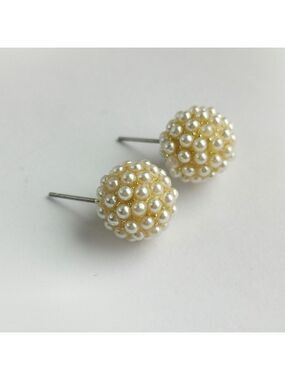 Cream Gold Pearl Ball Stud Earrings New